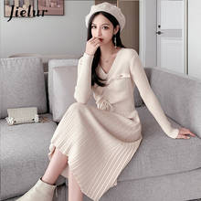 Jielur Knitted Long Dress Thick V-Neck 2021 Fashion Winter Solid Color Slim Dress Female Fall New Loose All-match Vestidos 2024 - buy cheap