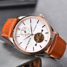 PARNIS-reloj automático de cuerda automática para hombre, pulsera con movimiento automático, esfera GMT, carcasa de oro rosa, esfera hueca, correa de cuero, 43 mm 2024 - compra barato