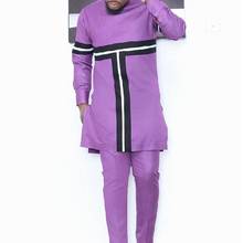 African Fashion Men's Sets Purplish Red Patchwork Tops+Pant Nigerian Style Cotton Custom Suits Wedding Party Wear 2024 - buy cheap