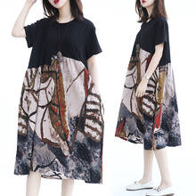Summer Spring Women's Cotton Linen Floral Print Midi Dress Loose Plus Size Boho Robe Casual T Shirt Patchwork Dresses Vestidos 2024 - buy cheap