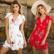 NEDEINS 2020 Summer Beach Print Dress Women Party Sexy V-Neck  Dress Fashion Mini Floral Lace Up Short Sleeve Dresses 2024 - buy cheap