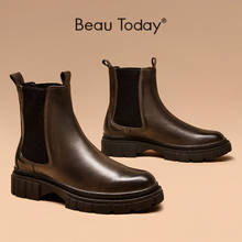 BeauToday-Botas Chelsea de piel de vaca auténtica para hombre, zapatos con suela gruesa, banda elástica, punta redonda, hechos a mano, 54205 2024 - compra barato