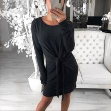 Women Autumn Winter New Long Sleeve Office Lady Solid Color Dress Front Sashes Bandage Casual Keep Warm Mini Dress O Neck Femme 2024 - buy cheap