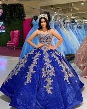 Vestido de festa brilhante azul royal, vestido de renda, lantejoulas, 16 anos, vestido de baile com espartilho 2024 - compre barato
