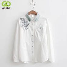 Goplus blusa de algodão com gola virada para baixo, camisa feminina bordada com flor de ameixa, blusa branca para primavera c4842 2024 - compre barato