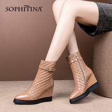 SOPHITINA Fashion Women Ankle Boots Height Increasing Zipper Pointed Toe High Heel Boots Flat Buckle Plaid Female Shoes MO823 2024 - buy cheap