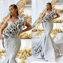 Unique Silver One Shoulder Prom Dresses Long Lace Appliqued Mermaid Evening Dress 2019 Luxury Beaded Ruffles Formal Party Gowns 2024 - buy cheap