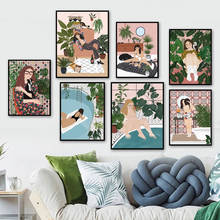 Cuadros de decoración para sala de estar, pintura en lienzo, póster nórdico abstracto, sofá de piscina, chica de la selva, hoja, planta, arte de pared 2024 - compra barato