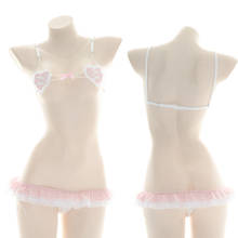 Japanese Sexy Girl Pink Love Plaid Maid Bikini Suit Kawaii Ruffles Cute Lolita Bandage Pajamas 2PCS Underwear Panties Set 2024 - buy cheap