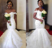 Африканские свадебные платья Русалка с открытыми плечами винтажные кружевные 3d Цветочные черные девушки Нигерия арабский Плюс Размер Свадебные платья 2020 2024 - купить недорого