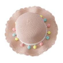 Kids Girls Large Wide Brim Straw Woven Sun Protection Beach Hat Colorful Pompom Ball Summer Floppy Bucket Cap Portable Handbag 2024 - buy cheap