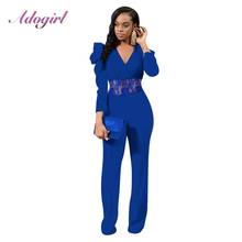Sexy Sheer Mesh Patchwork Lace Bandage Skinny Jumpsuit Women Autumn Puff Long Sleeve Deep V Neck Loose Rompers Outfit Overalls 2024 - buy cheap