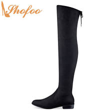 Black Round Toe Low Square Heels Women Over The Knee Boots Zipper Flock Large Size 12 14 For Ladies Fashion Mature Shoes Shofoo 2024 - buy cheap