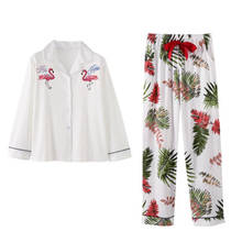 Женский пижамный комплект с вышивкой фламинго, 100% хлопок, Длинные рубашки и штаны, 2 шт./компл., Домашняя мода, пижама большого размера 2024 - купить недорого