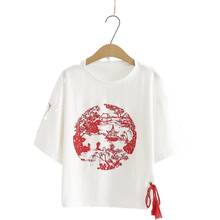 Женская хлопковая футболка в китайском стиле, белая футболка с принтом, повседневные свободные базовые топы с круглым вырезом для весны 2020 2024 - купить недорого