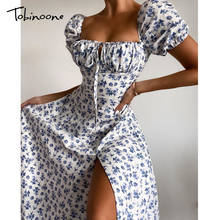 Tobinoone Elegant low cut vacation Dresses Women Casual Floral Print party dress lace up Puff Sleeve Side Slit Midi Dress Lady 2024 - buy cheap