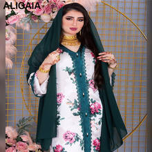 Jalabiat-vestido Hijab de manga larga para mujer, elegante Hijab blanco con estampado de rosa, cinta con cuello en V, árabe, turco, musulmán, Dubái, 2021 2024 - compra barato