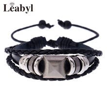 Leabyl Korea Classic Trendy Geometric Bead Punk Men Bracelet Casual Black Leather Strap Vintage Bracelet Adjustable Rope Jewelry 2024 - buy cheap