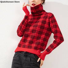 Pulôver feminino gola alta, pulôver coreano vintage xadrez plus size para mulheres suéter de malha 2024 - compre barato