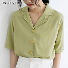 BGTEEVER Elegant Notched Collar Light Green Women Shirts Summer Short Sleeve Blouses Femme Loose Office Ladies Tops 2020 New 2024 - buy cheap