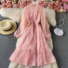 Chique vento suave vestido de renda 2021 primavera em torno do pescoço doce a linha vestido de comprimento médio elegante femme robe moda coreano zh291 2024 - compre barato