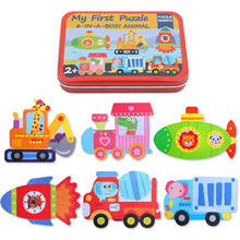 Детские игрушки 6 в 1, железная коробка, Мультяшные животные, деревянная головоломка для детей, игрушки Монтессори для раннего развития, подарки для детей 2024 - купить недорого
