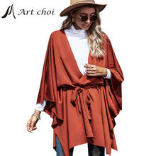 Capa feminina elegante com manto, capa e poncho com cinto, comprimento médio, sem mangas, estilo coreano, plus size, para primavera e outono 2024 - compre barato