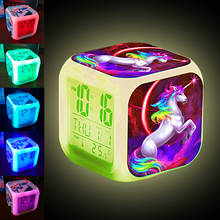 Unicórnio dos desenhos animados despertador led digital relógio de 7 cores mudando luz da noite incandescente despertador crianças relógio de mesa presente 2024 - compre barato