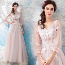 Pink A-line Tulle Lace Flower Evening Dresses with Sleeves 2020 New Fashion Long Formal Bride Party Prom Dress XK36M 2024 - buy cheap