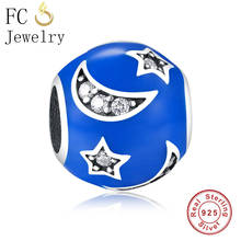 Fc jewelry pingentes originais para pulseiras, pingentes para bracelete 925, prata, azul, esmalte, lua, estrela, contas de zircônia, faça você mesmo 2024 - compre barato