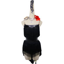 Vestido de dança latina feminino, vestido preto brilhante de strass com franja 2024 - compre barato