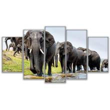 Quadro de pintura moderna em tela, arte para parede para sala de estar, impressões em hd, imagens de animais, 5 peças, arte de elefante, poster de parada, decoração de casa 2024 - compre barato