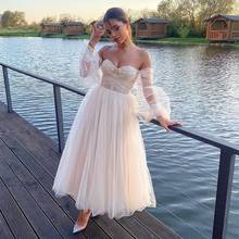 Vintage Design Short Ankle Length Wedding Dress Off the Shoulder Long Puffy Sleeve Pleated Tulle Bridal Gown Robe de mariee 2024 - buy cheap