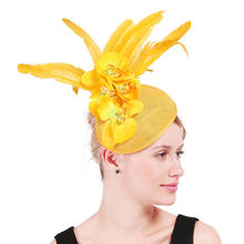 Sombrero de cóctel Vintage de pluma amarilla, accesorios para el cabello, velo de novia rojo, Base Sinamay, tocado, XMF320 2024 - compra barato