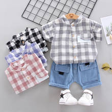 Newborn baby boy Summer clothes outfits sets casual plaid shirt + denim shorts suit for infant baby boy clothing babies sets 2024 - buy cheap