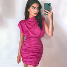 Vestido corto de una pieza para mujer, vestido Sexy ajustado de Color liso sin mangas, cuello alto, plisado, para fiesta y Club, 2021 2024 - compra barato