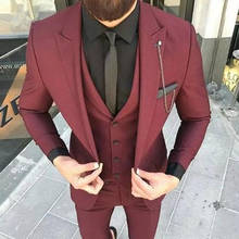 Бургундские мужские костюмы для свадебной вечеринки, приталенный смокинг для жениха, мужской смокинг, мужской костюм из 3 предметов (пиджак + жилет + брюки) 2024 - купить недорого