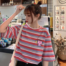 Harajuku cartoon embroidery t shirt Ulzzang Girlfriends stripe t-Shirts summer Women Casual Loose short Sleeve tee shirt Tops 2024 - buy cheap