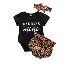 Ropa de verano para bebé de 0 a 18 meses, conjunto de niña recién nacida, Mono de manga corta con estampado de letras, Top + lazo de leopardo, diadema corta, 3 uds., 2020 2024 - compra barato