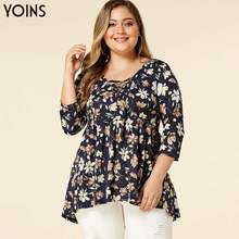 YOINS Women Floral Print Round Neck Ruched 3/4 Length Sleeve Blouse 2020 Lace-up Female Shirts Plus Size Blusas Spring Autumn 2024 - buy cheap