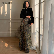 Fdraolu-vestido De lentejuelas musulmán FU117 para mujer, traje Formal negro con cuello en V, largo De noche, elegante, De fiesta 2024 - compra barato