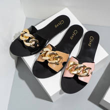 Zapatillas de verano para mujer, chanclas de moda de Metal negro con cadena decorada, punta redonda plana, zapatos de playa de mujer 2021 2024 - compra barato