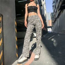 Calça feminina cintura alta estampa de leopardo, peça calça feminina cigarrete cinza confortável p m g 2024 - compre barato