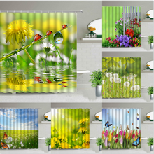 Весенние шторы для душа с ландшафтом, водонепроницаемые занавески для ванной с изображением цветов, растений, бабочек, с крючками 2024 - купить недорого