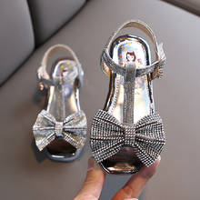 Meninas sandálias strass arco-nó dança latina crianças sapatos de salto alto princesa sapatos de couro brilho vestido de festa de casamento 2024 - compre barato