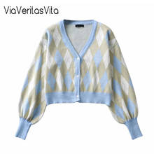 French Vintage Lantern Sleeve Knit Tops 2021 Spring Fashion Slim Cropped Argyle Sweaters Blue V Neck Cardigans For Ladies 2024 - buy cheap