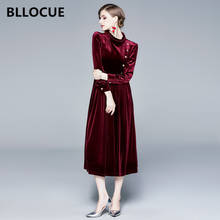 BLLOCUE Elegant Wine Red Velvet Dress 2019 Autumn Winter Women Stand Collar Long Sleeve Ladies Office Vintage Dress Vestidos 2024 - buy cheap