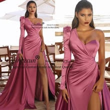 Nova chegada rosa sereia vestidos de baile dubai árabe mangas compridas formal vestido de noite alto lado split celebridade robe de soiree 2024 - compre barato