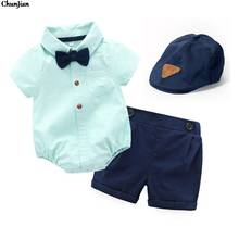 Conjunto de roupas listradas para meninos, macacão + shorts + chapéu, gravata-borboleta, roupas infantis para recém-nascidos, verão 2024 - compre barato