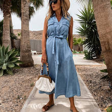 2021 New Arrival Sleeveless Long Lace Up Buttoned Denim Dress Summer Light Blue Casual Ladies Female Beach Party Midi Dresses 2024 - buy cheap